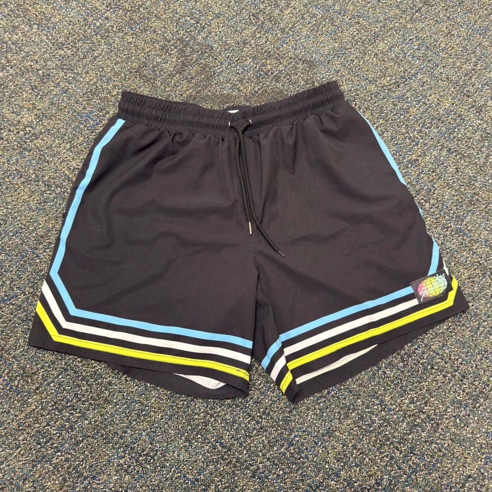 Slunks Shorts Men's Size Large 5" Inseam Black Volleyaball Lined with Stripes